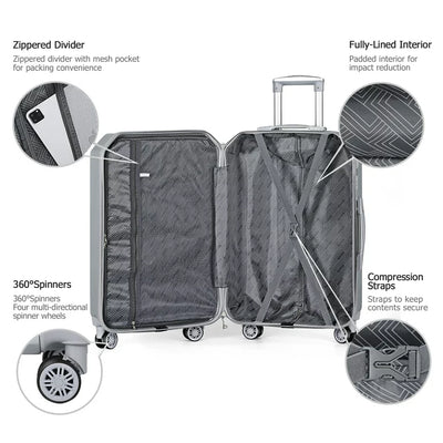 HIKOLAYAE Crossroad Collection Hardside Luggage Set with 8-Wheel Spinner in Argent Silver, 3 Piece - TSA Compliant**New In Box**