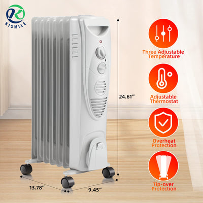 Kismile 1500W Oil Filled Radiator Heater, Portable Electric Heater with 3 Heat Settings, Adjustable Thermostat, Overheat & Tip-Over Protection, Oil Heaters for Indoor Use (Grey)**New in box**