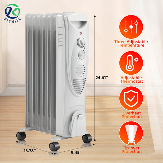 Kismile 1500W Oil Filled Radiator Heater, Portable Electric Heater with 3 Heat Settings, Adjustable Thermostat, Overheat & Tip-Over Protection, Oil Heaters for Indoor Use (Grey)**New in box**