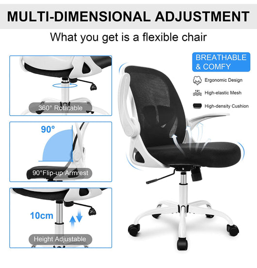 Primy Office Chair Ergonomic Desk Chair with Adjustable Lumbar Support and Height, Swivel Breathable Desk Mesh Computer Chair with Flip up Armrests for Conference Room(White)- NEW AND ASSEMBLED!!!