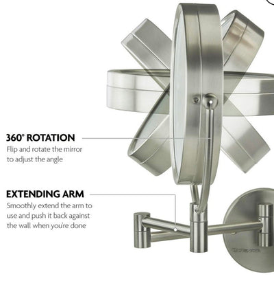 Ovente Lighted Wall Mounted Makeup Mirrors 8.5 Inch 1X 7X Magnifying Dimmable Circular LED Extended Neck Vanities 360 Degree Double Side Hardwired Install Operated Large, Nickel Brushed- NEW IN BOX!!!