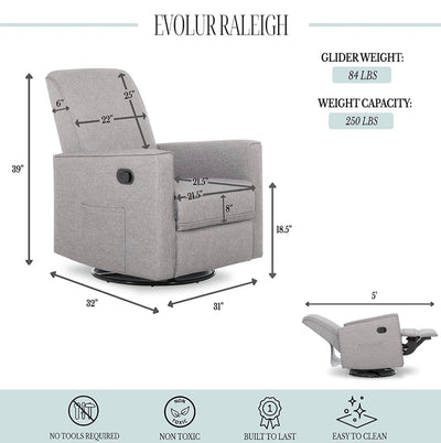 SET OF 2 Evolur Raleigh Upholstered Plush Seating Glider Swivel, Rocker, Recliner, Glider for Nursery in Light Grey, Greenguard Gold Certified, Modern Nursery Recliner, Environmentally Conscious Glider, Set of 2!! NEW OUT OF BOX!!