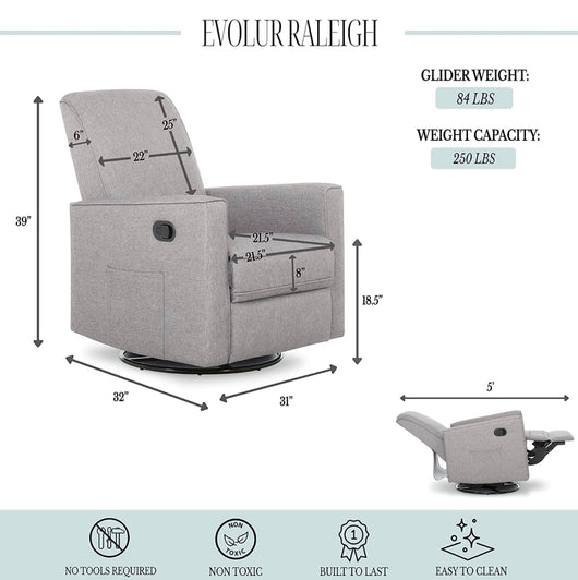 SET OF 2 Evolur Raleigh Upholstered Plush Seating Glider Swivel, Rocker, Recliner, Glider for Nursery in Light Grey, Greenguard Gold Certified, Modern Nursery Recliner, Environmentally Conscious Glider, Set of 2!! NEW OUT OF BOX!!