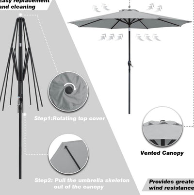 Lacoo 9' Grey Patio Umbrella Outdoor Market Table Umbrella with Push Button Tilt, 8 Sturdy Ribs- NEW IN BOX!!!!