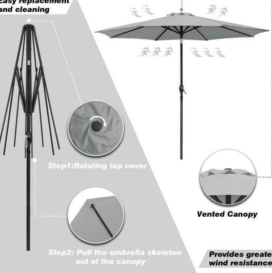 Lacoo 9' Grey Patio Umbrella Outdoor Market Table Umbrella with Push Button Tilt, 8 Sturdy Ribs- NEW IN BOX!!!!