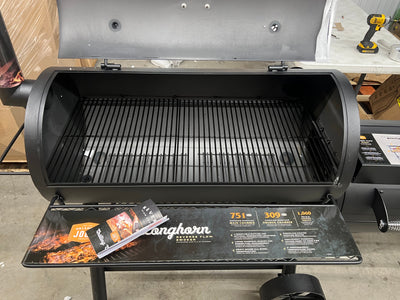 Oklahoma Joe's Longhorn Reverse Flow Smoker Black!! NEW AND ASSEMBLED, MISSING HEAT BAFFLE BUT STILL A FUNCTION-ABLE GRILL!!