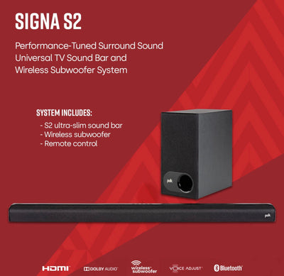 Polk Audio Signa S2 Ultra-Slim TV Sound Bar | Works with 4K & HD TVs | Wireless Subwoofer | Includes HDMI & Optical Cables | Bluetooth Enabled, Black- NEW IN BOX!!!
