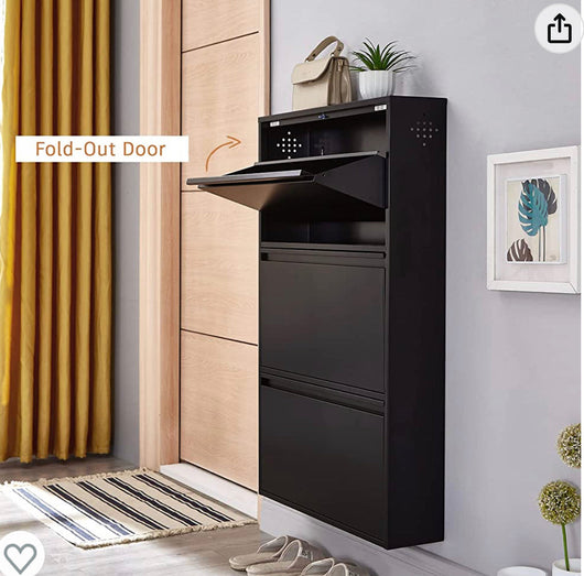 SPACEROCK 3 Drawer Shoe Storage Cabinet Wall Mounted & No-Assembly 25“ Metal Shoe Cabinet for Entryway, Hallway, and Corridor, Holds 12 Pair Shoes, Black- NEW IN BOX