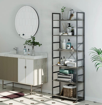 Homfa Industrial Bookcase 6-Tier, Free Standing Plant Flower Stand Rack Books Display Shelf with Metal Frame, Multipurpose Utility Organizer Shelf for Home Office, Gray- NEW IN BOX!!!