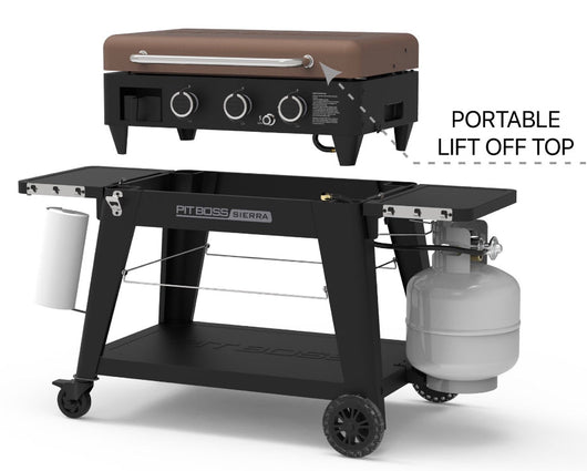 Pit Boss Sierra 3 Burner Non-Stick Griddle!! NEW AND ASSEMBLED, MISSING LID HANDLE AND GREASE CUP(STILL FUNCTIONS PROPERLY), MINOR DENT FROM SHIPPING!!