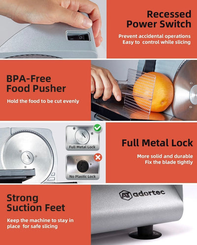 Electric Meat Slicer Machine for Home Use, Adortec Electric Bread Slicer with 2 Pushers, Stepless Adjustment Dial, Quick Release Food Carriage-SILVER!! NEW IN BOX, MISSING SMOOTH BLADE!!
