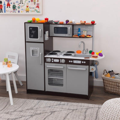 KidKraft Uptown Espresso Wooden Play Kitchen with Chalkboard and 30-Piece Play Food Accessories- NEW IN BOX!!!!
