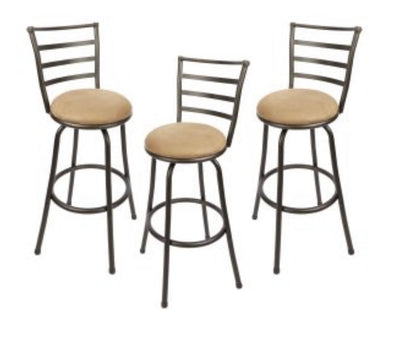 Mainstays Adjustable-Height Swivel Barstool, Hammered Bronze Finish, Set of 3, Tan Microfiber!! NEW IN BOX!!