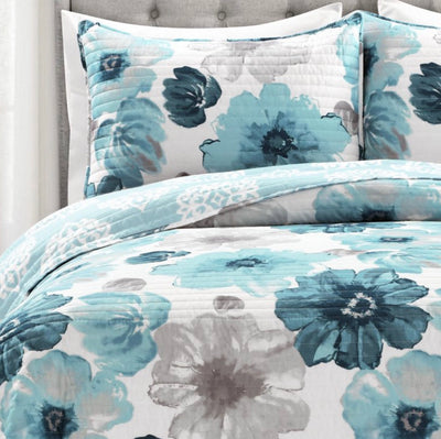 Lush Decor Leah Floral Print Soft Microfiber Reversible Quilt, Full/Queen, Blue, 2-3 Piece Set- NEW IN BAG!!!