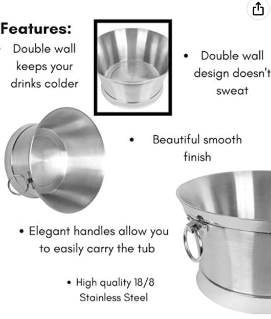 BirdRock Home Metal Beverage Tub with Stand, Scoop and Bottle Opener - 18/8 Stainless Steel Double Wall Ice Beverage Cooler - Drink Beer Wine Ice Bucket with Handles - House Party Events Container Bin- NEW