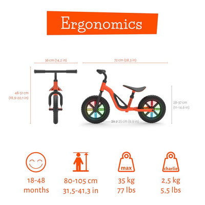 Chillafish Charlie Glow Lightweight Balance Bike with Carry Handle and Light-up Wheels, Adjustable Seat and Handlebar, and Puncture-Proof 10-inch Tires, Orange**New in box**