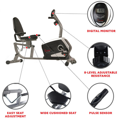 Sunny Health & Fitness Stationary Magnetic Workout Recumbent Exercise Cycle Bike, Adjustable Seat, 300 Lb Max Capacity!! NEW IN BOX!!