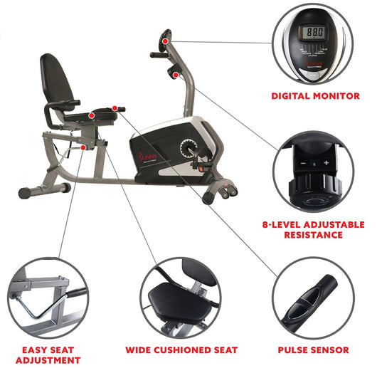 Sunny Health & Fitness Stationary Magnetic Workout Recumbent Exercise Cycle Bike, Adjustable Seat, 300 Lb Max Capacity!! NEW IN BOX!!