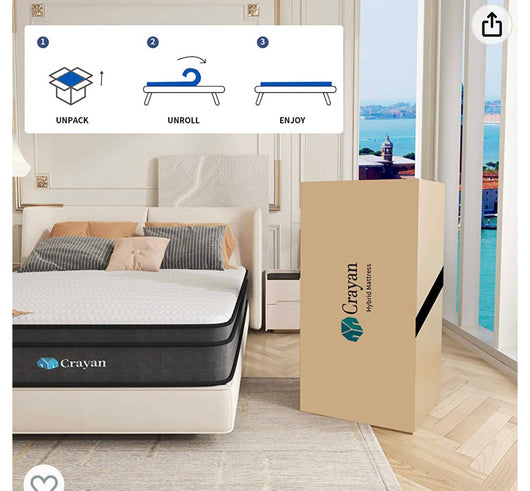 Crayan King Mattress, 10 Inch Memory Foam Mattress King Size, Innerspring Hybrid Mattress in a Box with Motion Isolation & Strong Edge Support & Pressure Relief, CertiPUR-US- NEW IN BOX