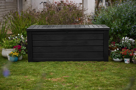 Keter Westwood 150 Gallon Resin Large Deck Box-Organization and Storage for Patio Furniture, Outdoor Cushions, Garden Tools and Pool Toys, Dark Grey**New in box**