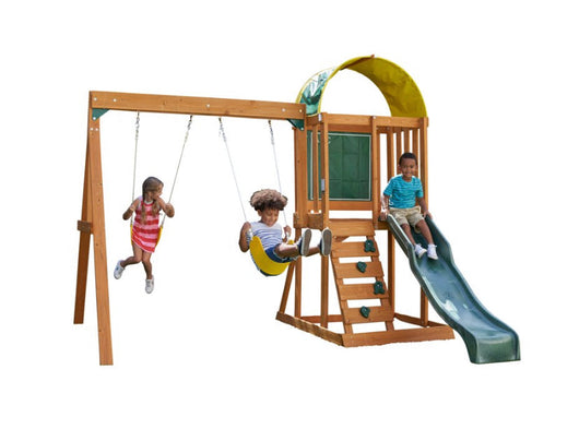 KidKraft Ainsley Wooden Outdoor Swing Set with Slide, Chalk Wall, Canopy and Rock Wall**New in Box**