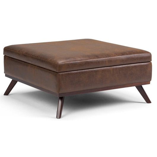 Simpli Home Owen Faux Air Leather Square Coffee Table Ottoman in Chestnut Brown**New and assembled,minor alignment issue shown in photo**