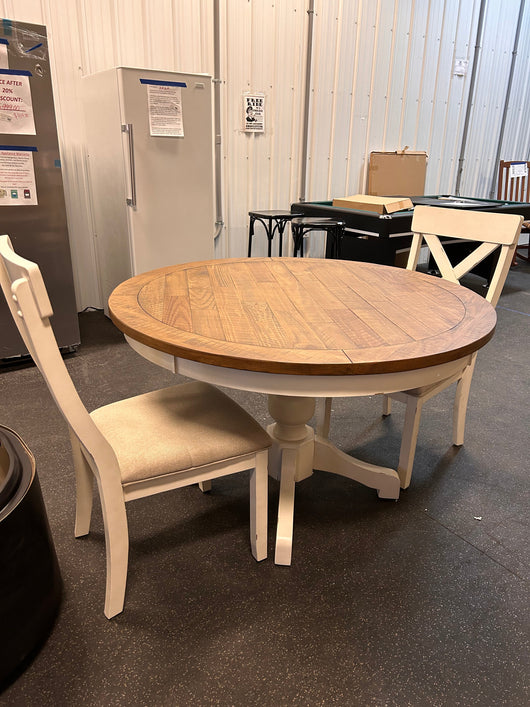 Roundhill Furniture Prato 3-Piece Round Dining Table Set with Cross Back Chairs, Antique White and Distressed Oak! (SOLID WOOD)  -Brand new & Assembled (Must Bring Pick up or Trailer for pick up)