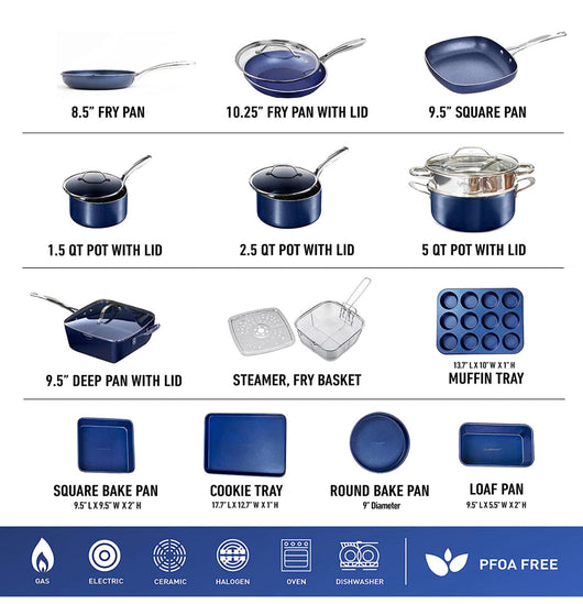 Granitestone Blue 20 Piece Pots and Pans Set, Complete Cookware & Bakeware Set with Ultra Nonstick Durable Mineral & Diamond Surface, Stainless Stay Cool Handles Oven & Dishwasher Safe, 100% PFOA Free- new in box