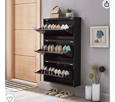 SPACEROCK 3 Drawer Shoe Storage Cabinet Wall Mounted & No-Assembly 25“ Metal Shoe Cabinet for Entryway, Hallway, and Corridor, Holds 12 Pair Shoes, Black- NEW IN BOX