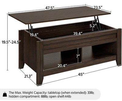 Yaheetech Lift Top Coffee Table with Hidden Storage Compartment & 2 Open Shelves, Rising Tabletop Pop Up Center Table for Living Room Reception Room, 47.5'' L, Espresso- NEW IN BOX!!! (Minor scratches from shipping, photos shown)