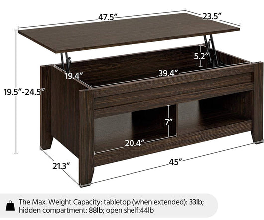 Yaheetech Lift Top Coffee Table with Hidden Storage Compartment & 2 Open Shelves, Rising Tabletop Pop Up Center Table for Living Room Reception Room, 47.5'' L, Espresso- NEW IN BOX!!! (Minor scratches from shipping, photos shown)