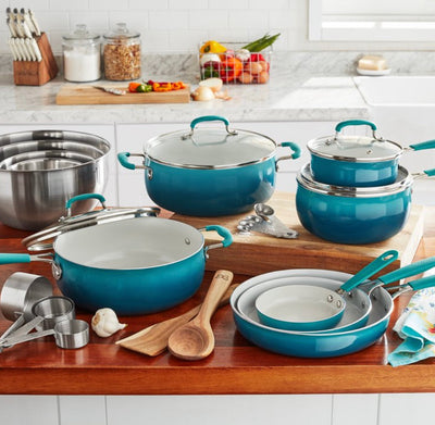 The Pioneer Woman 25 Piece Ceramic Nonstick Aluminum Easy Clean Cookware Set, Ombre Teal- NEW IN BOX!!!!
