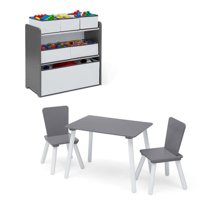 Delta Children 4-Piece Toddler Playroom Set – Includes Play Table with Dry Erase Tabletop and 6 Bin Toy Organizer with Reusable Vinyl Cling Stickers, Grey/White- new in box - slight shipping damage- please see pics