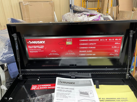 Husky 26” 8 drawer tool chest and cabinet - new but had a difficult journey to the Big Catch store-  includes keys for upper and lower sections