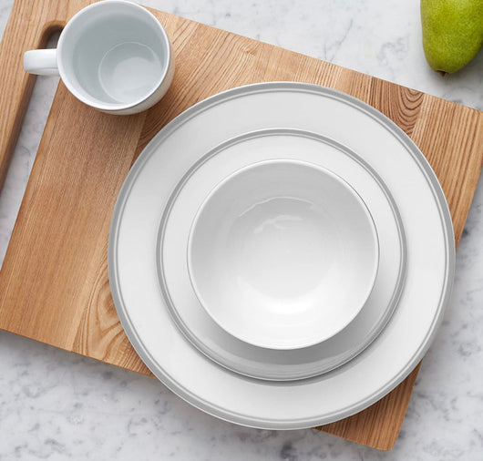 Amazon Basics 16-Piece Cafe Stripe Kitchen Dinnerware Set, Plates, Bowls, Mugs - Service for 4, Grey- NEW IN BOX!!!