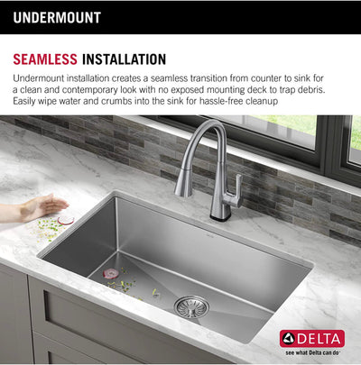 DELTA FAUCET Delta Lenta 32-inch Undermount 16 Gauge Stainless Steel Single Bowl Kitchen Sink with Accessories, Satin!! NEW IN BOX, MINOR BENT CORNER(PHOTOS SHOWN)!!