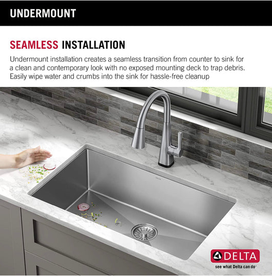 DELTA FAUCET Delta Lenta 32-inch Undermount 16 Gauge Stainless Steel Single Bowl Kitchen Sink with Accessories, Satin!! NEW IN BOX, MINOR BENT CORNER(PHOTOS SHOWN)!!