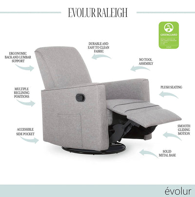 SET OF 2 Evolur Raleigh Upholstered Plush Seating Glider Swivel, Rocker, Recliner, Glider for Nursery in Light Grey, Greenguard Gold Certified, Modern Nursery Recliner, Environmentally Conscious Glider, Set of 2!! NEW OUT OF BOX!!
