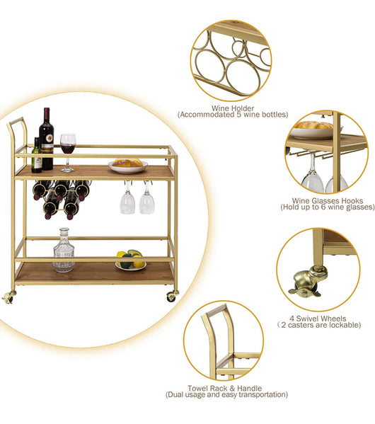 Flora Store Bar Cart Gold, Home Bar Serving Cart with Wine Rack and Glass Holder- NEW AND ASSEMBLED!!!