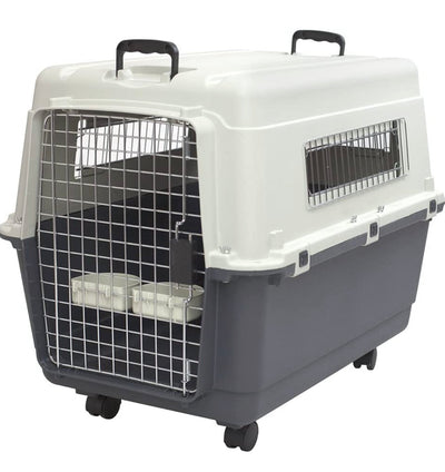SportPet Designs Plastic Kennels Rolling Plastic Wire Door Travel Dog Crate- Large Kennel, Gray**New in Box**