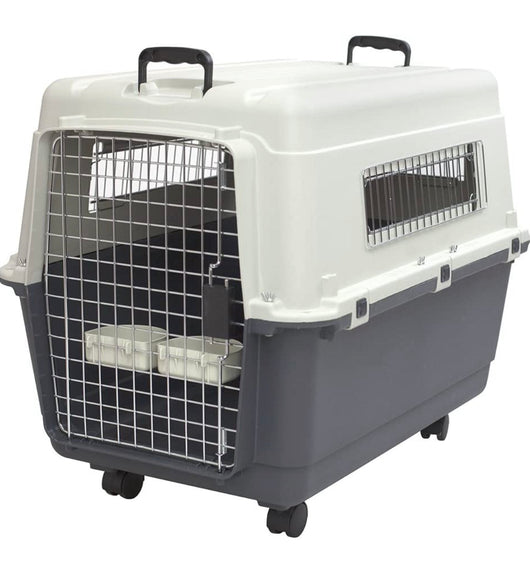SportPet Designs Plastic Kennels Rolling Plastic Wire Door Travel Dog Crate- Large Kennel, Gray**New in Box**