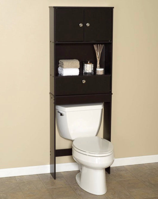 Espresso Bathroom Spacesaver with 2-Door Cabinet, Zenna Home Drop Door over-the-Toilet- NEW IN BOX!!!