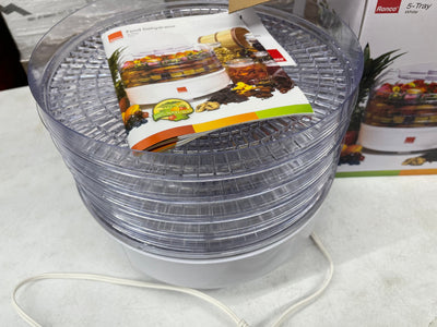 Ronco 5-Tray Dehydrator, Food Preserver Quiet & Easy Operation, for Beef, Turkey, Chicken, Fish Jerky, Fruits, Vegetables, Classic White- slightly used - like new in box