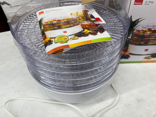Ronco 5-Tray Dehydrator, Food Preserver Quiet & Easy Operation, for Beef, Turkey, Chicken, Fish Jerky, Fruits, Vegetables, Classic White- slightly used - like new in box