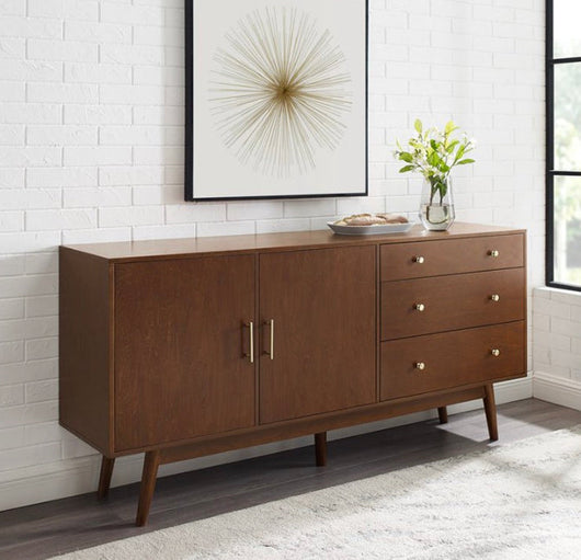 Walker Edison 70" Mid Century Modern 3 Drawer 2-Door Sideboard in Walnut- NEW IN BOX!!!