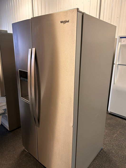 Whirlpool 28.4-cu ft Side-by-Side Refrigerator with Ice Maker (Fingerprint Resistant Stainless Steel)!  -Brand new but was very lightly dented on the right edge of one door, photos shown