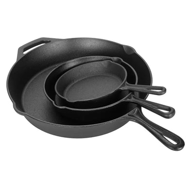 Ozark Trail 3 Piece Pre-Seasoned Cast Iron Skillet Set, 6", 8" and 12" Pans**New in box**