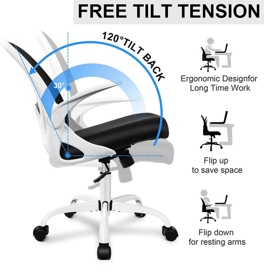 Primy Office Chair Ergonomic Desk Chair with Adjustable Lumbar Support and Height, Swivel Breathable Desk Mesh Computer Chair with Flip up Armrests for Conference Room(White)- NEW AND ASSEMBLED!!!