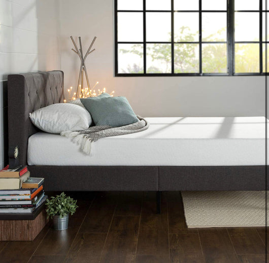 Zinus Diamond platform, upholstered bed with embroidered wooden slat back, individual, Wood, Brown, King!  -Brand new in the box
