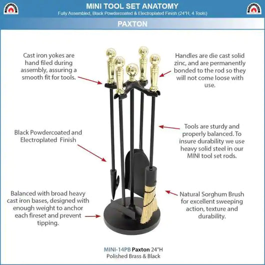 22 in. Tall Polished Brass Paxton 5-Piece Mini Fireplace Tool Set**New**